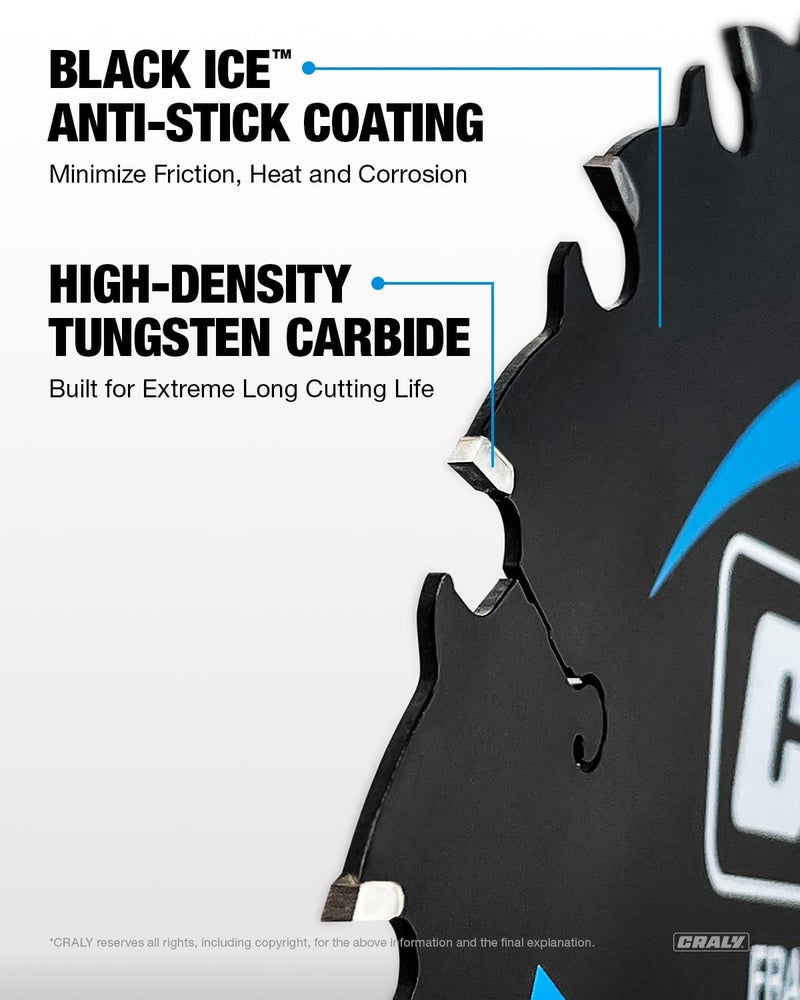 CRALY 7-1/4 Inch 24&60 Teeth Wood Cutting Framing/Fine Finish Circular Saw Blade, 5/8 Inch Arbor, Carbide Tipped, Thin Kerf, Black Ice™ Coating, for Plywood, MDF, OSB, Laminated, 2-Pack(C072460-2C) - Image 4